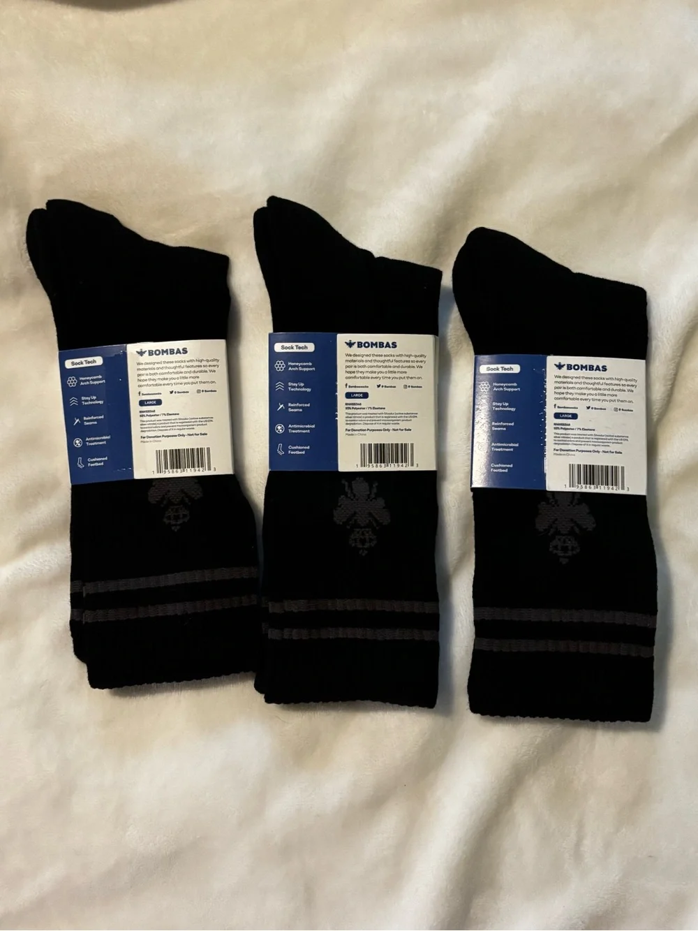 Bombas Men's Black Crew Socks - 3 Pairs.  Sz L